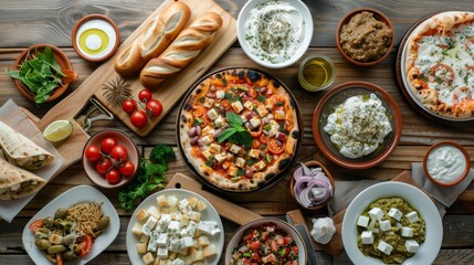 Selection of traditional greek food on wooden background