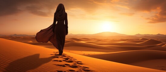 Silhouette view of beautiful muslim woman walking on desert sand - obrazy, fototapety, plakaty