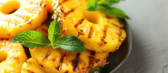 A plate of perfectly grilled pineapple slices adorned with fresh mint leaves, displayed on a light gray table. The vibrant colors and appetizing presentation make this dish an irresistible treat.