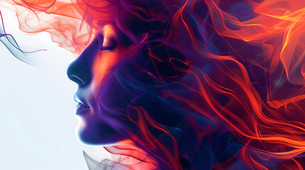 Artistic illustration of a woman's face with flowing hair forming abstract art for Women's Day branding. Close-up side view of a woman purple face with red flamed hair and white background.