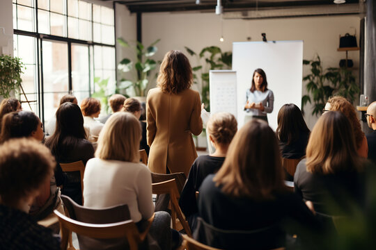 Professional Woman Giving a Presentation to a Group of Attentive Listeners in a Creative Workshop Space. Corporate Training Concept