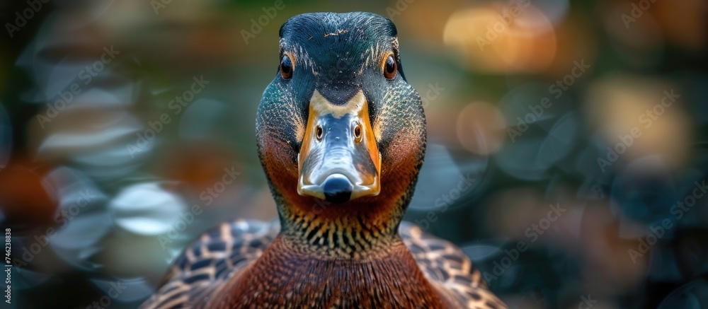 Poster this close-up shows a wild duck in sharp focus, with intricate details of its feathers and beak visi