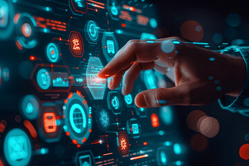 Fototapeta premium Businessperson Engages in Online Banking on a Virtual Screen, Embracing Digital Innovation Technology in Finance and Banking Networking