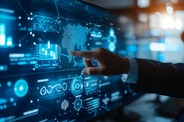 Fototapeta premium Businessperson Engages in Online Banking on a Virtual Screen, Embracing Digital Innovation Technology in Finance and Banking Networking