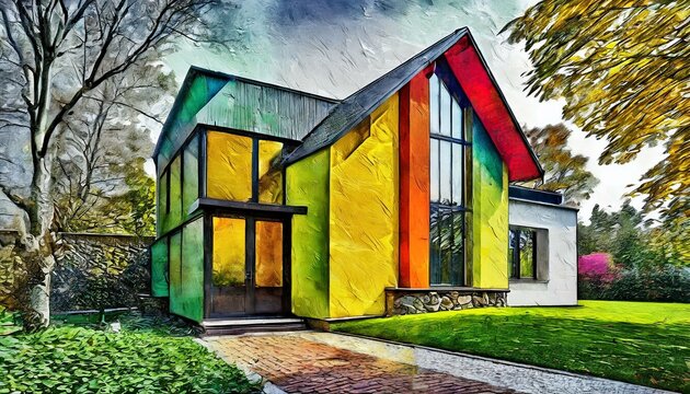 a visually captivating graphic depicting a modern house's exterior adorned with various colorful wallpapers. The composition plays with geometric shapes and vibrant colors to highlight the architectur