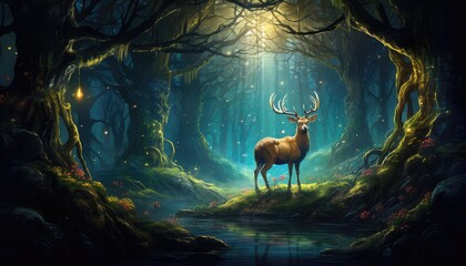 Magical deer in the fantasy forest at midnight