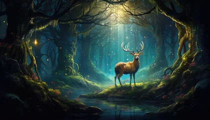 Foto op Canvas Magical deer in the fantasy forest at midnight © png sublimation