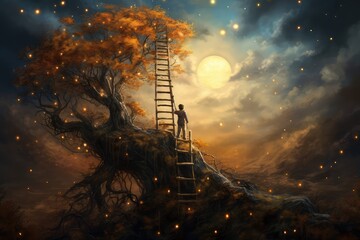 Magical landscape with kid climbing ladder