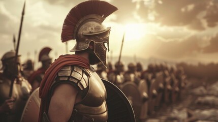 A hoplite stands on guard his spear at the ready as his comrades take a welldeserved break during their march. - obrazy, fototapety, plakaty