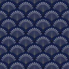 Seamless art deco pattern. White, gray ornament on a dark blue background. - 746239281