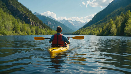 Young man kayaking on a beautiful mountain lake in the mountains