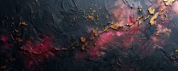 Black with pink wall plaster texture with gold splatters background 