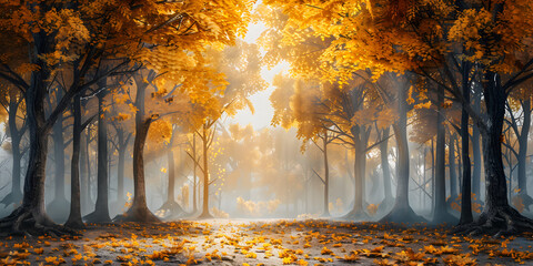 Autumn forest road in autumn leaves and tree background and morning sunlight in the background   A forest landscape with a river and trees with a sunlight  in the background and wallpaper