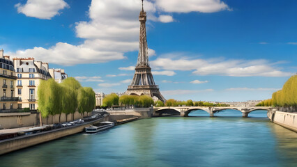 Landscape on the Eiffel tower and Seine river during - obrazy, fototapety, plakaty