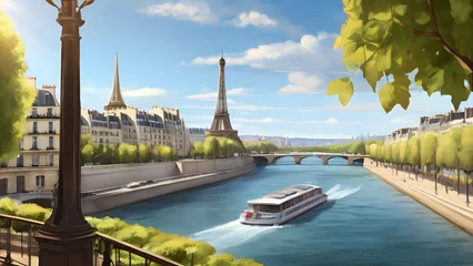 Papier peint Paris Landscape on the Eiffel tower and Seine river during