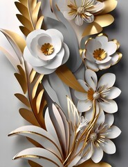 3d, abstract background with white paper flowers and golden leaves, floral botanical wallpaper Generative AI