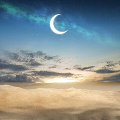 Obraz na płótnie Canvas Desert at night with beautiful crescent moon for wallpaper background.