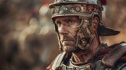 A battleworn Roman legionary stands victorious with ied armor and a determined expression.