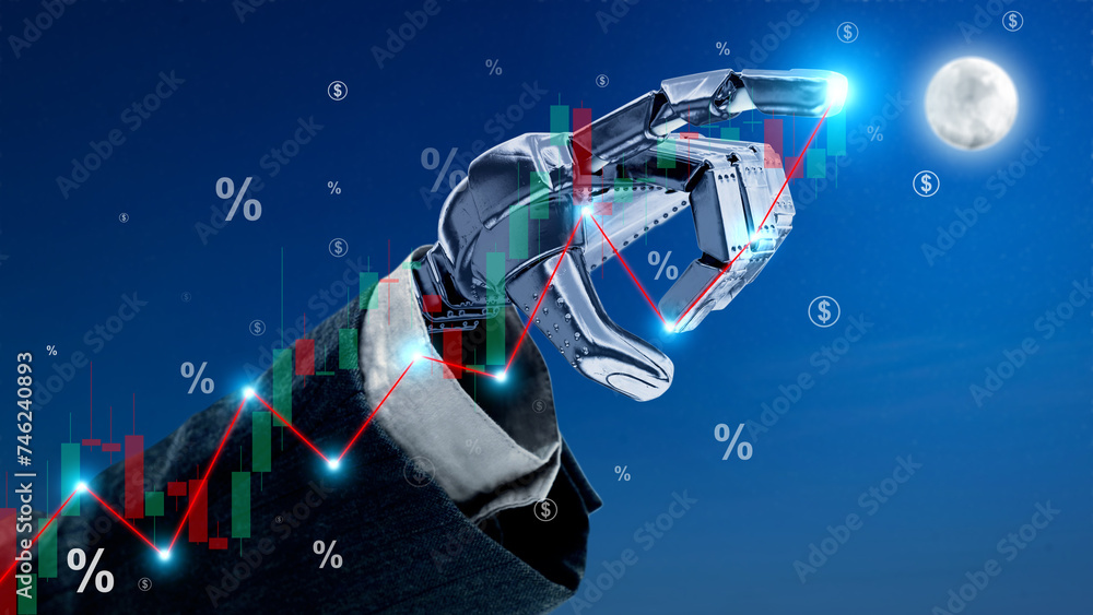 Poster robotic hand pointing virtual rising inflation rate graph arrow