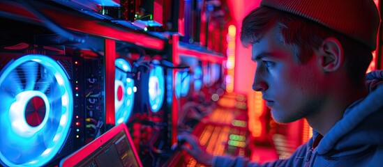 A man is focused on a computer screen, inspecting electronics in a blockchain tech ASIC server rig cluster in a cryptocurrency mining farm.