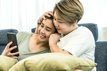 Young Asian LGBT lesbian lovers having a good time together, lesbian couples with intimate relationship