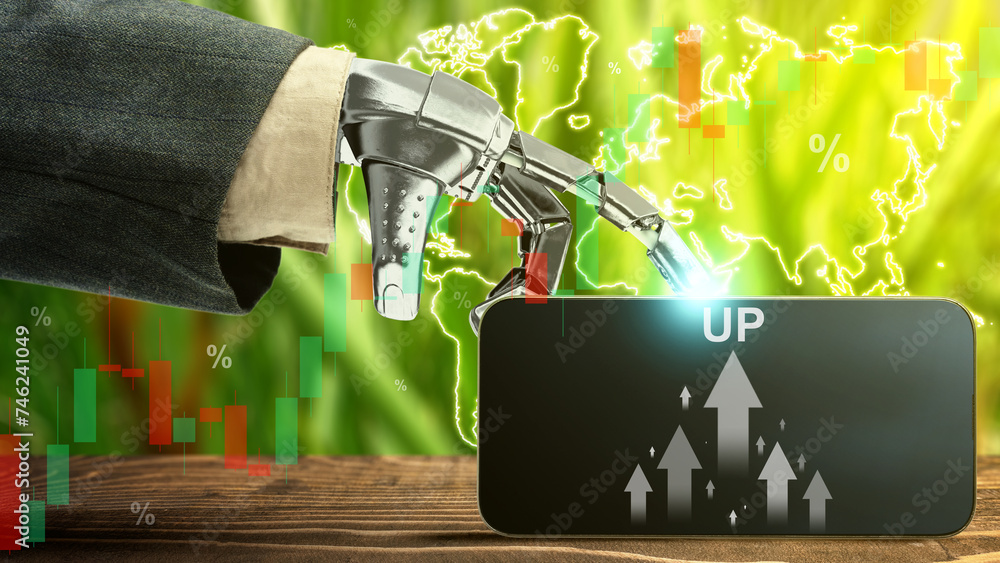 Poster robotic hand showing mobile phone screen with increases in profitability graph