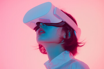 Stylish asian girl in VR glasses in neon space, Minimal Digital art illustration, Photo shot on light color background