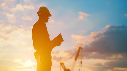 Two silhouetted construction engineers discuss plans against a backdrop of cranes and a sunset-lit industrial skyline.
