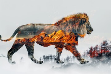 A regal lion blended with the fiery colors of a volcanic landscape in a double exposure