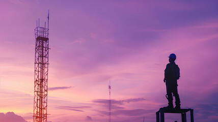 Two silhouetted construction engineers discuss plans against a backdrop of cranes and a sunset-lit industrial skyline.

