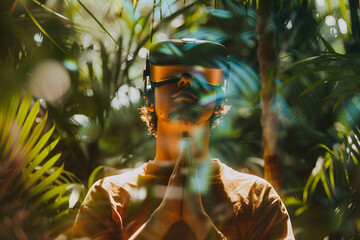 Man using virtual reality headset Vision Pro meditating yoga in lotus pose on the lake. Meditation and relax yoga concept - obrazy, fototapety, plakaty