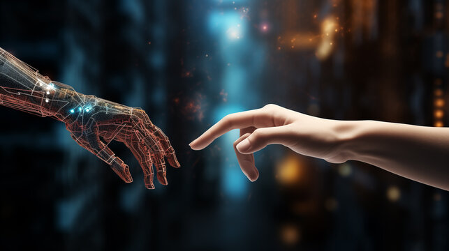 The human finger delicately touches the finger of a robot's metallic finger. Concept of harmonious coexistence of humans and AI technology