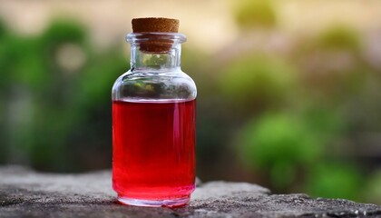 Red colored syrup in clear glass bottle with background blur