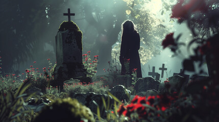 woman in the graveyard with wonderful flowers.