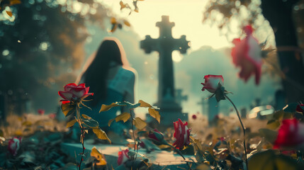 woman in the graveyard with wonderful flowers. - obrazy, fototapety, plakaty