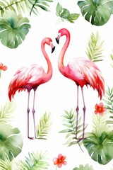 Watercolor tropical seamless pattern with pink flamingos on monstera leaves background. Exotic Hawaii art background. Fashion design for fabric and decor.