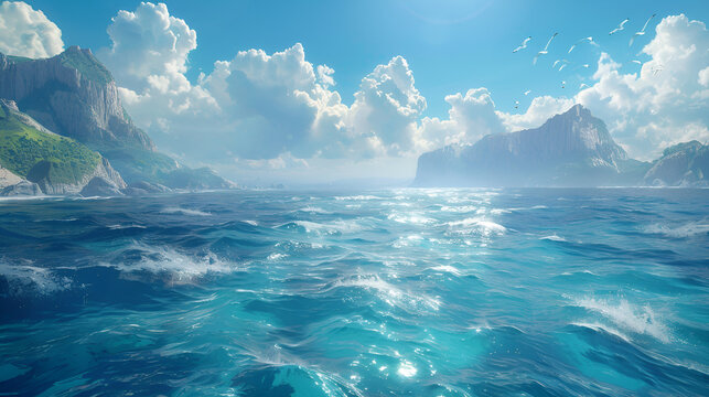 Realistic high-res image of a sunny day with blue ocean and skies, Generative AI