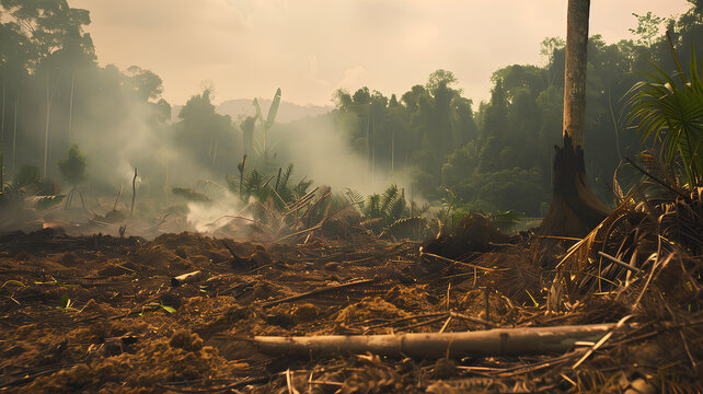 A lone palm tree stands amid a devastated deforested area with felled trees and cloudy skies.
