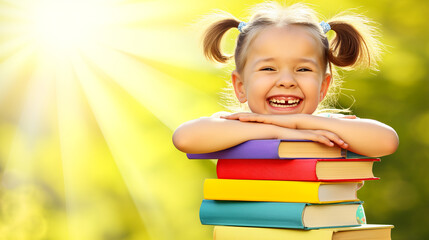 Smiling young girl with colorful books on a sunny day outdoors