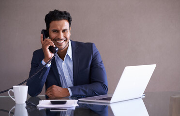 Phone call, laptop and portrait of business man in office with telephone for networking, communication and talking. Consultant, corporate and worker on computer for internet, website and planning