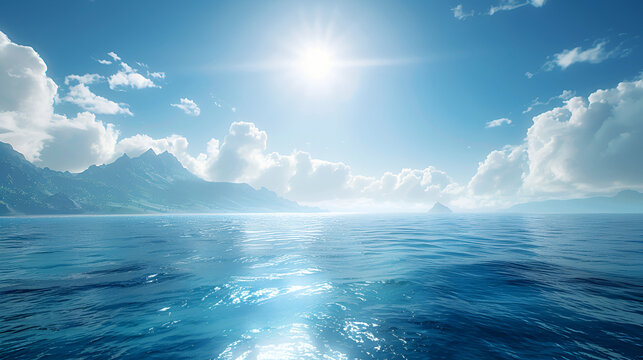 Realistic high-res image of a sunny day with blue ocean and skies, Generative AI