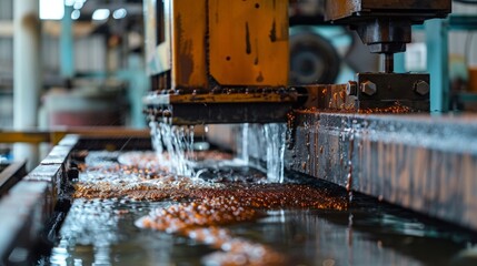 A mechanical arm robotically moves a conveyor belt of metal components through a bath of acidic solution for etching showcasing the use of sulfuric acid in metal processing.