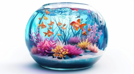 one cartoon round glass simple aquarium with fish and decor, watercolor  