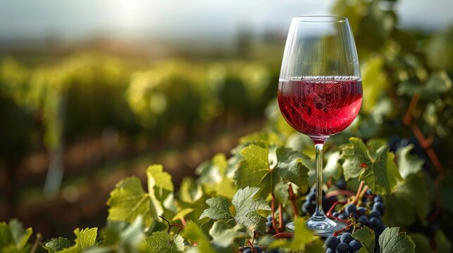 red wine glass illustration, minimal, modern vineyard in background
