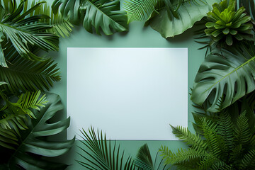 creative layout, green leaves with white square frame, flat lay, for advertising card or invitation,top view tropical leaves frame with text area copy space isolated on, Generative  Ai