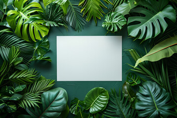 creative layout, green leaves with white square frame, flat lay, for advertising card or invitation,top view tropical leaves frame with text area copy space isolated on, Generative  Ai