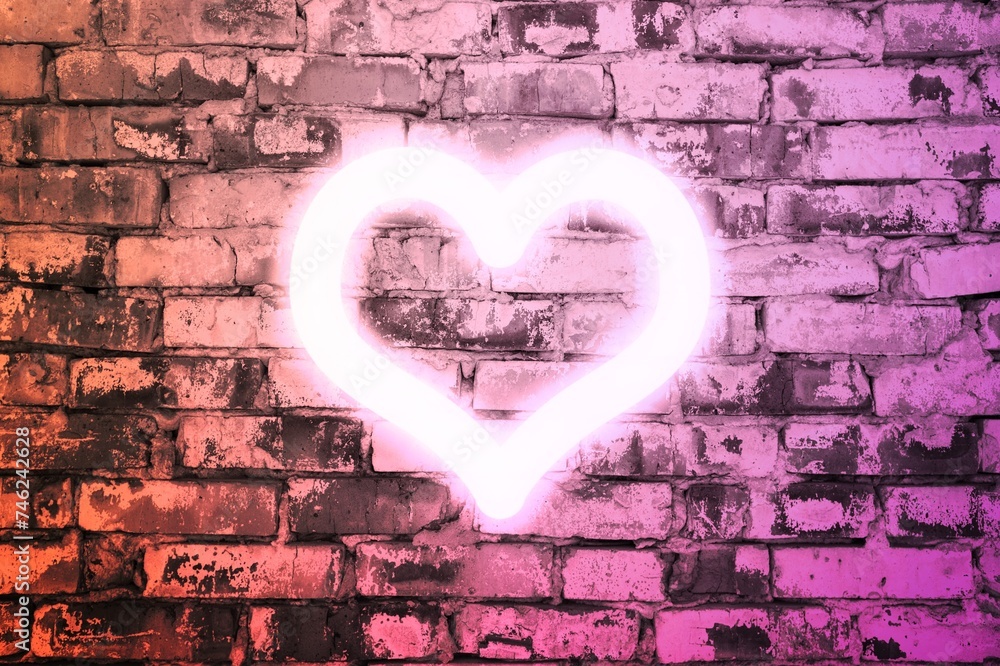 Poster Neon heart glow on the brick wall background