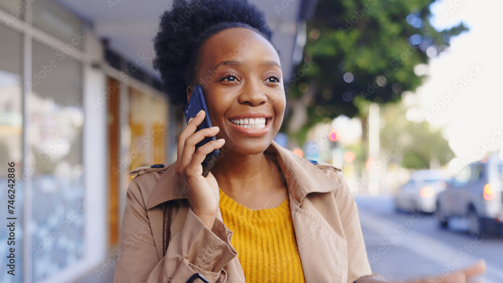 Canvas Prints Woman, smile and happy on street, phone call or discussion with news or communication. Designer, report and south africa city with chat, network or conversation with connection for entrepreneurship