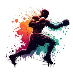 silhouette of a boxer throwing punches with gradient paint splashes