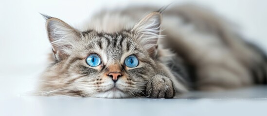 A Siberian cat with striking blue eyes is laying comfortably on the floor. The cats fluffy fur and intense gaze are noticeable against the white background.
